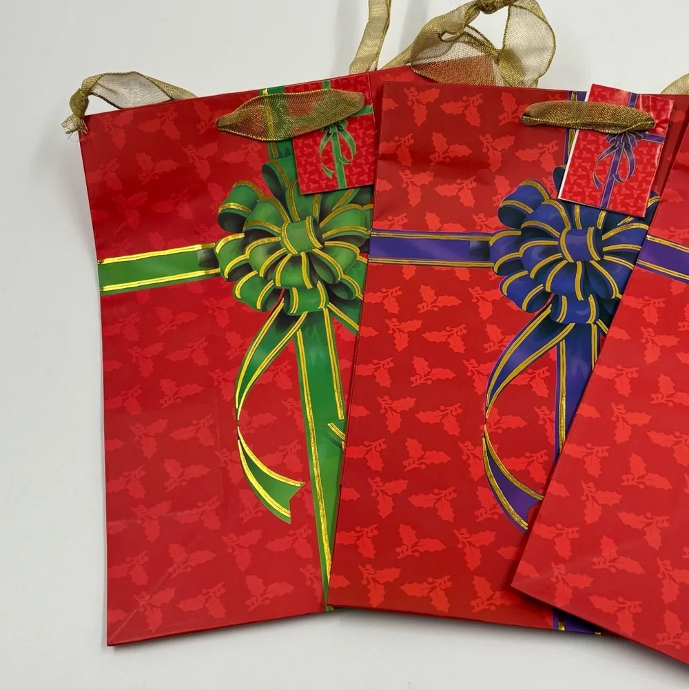 Set of 3 Red Christmas Gift Bags with Gold Ribbon Handles